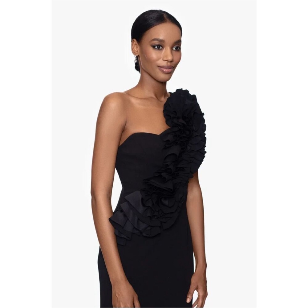 Betsy & Adam Black One-Shoulder Ruffle Gown